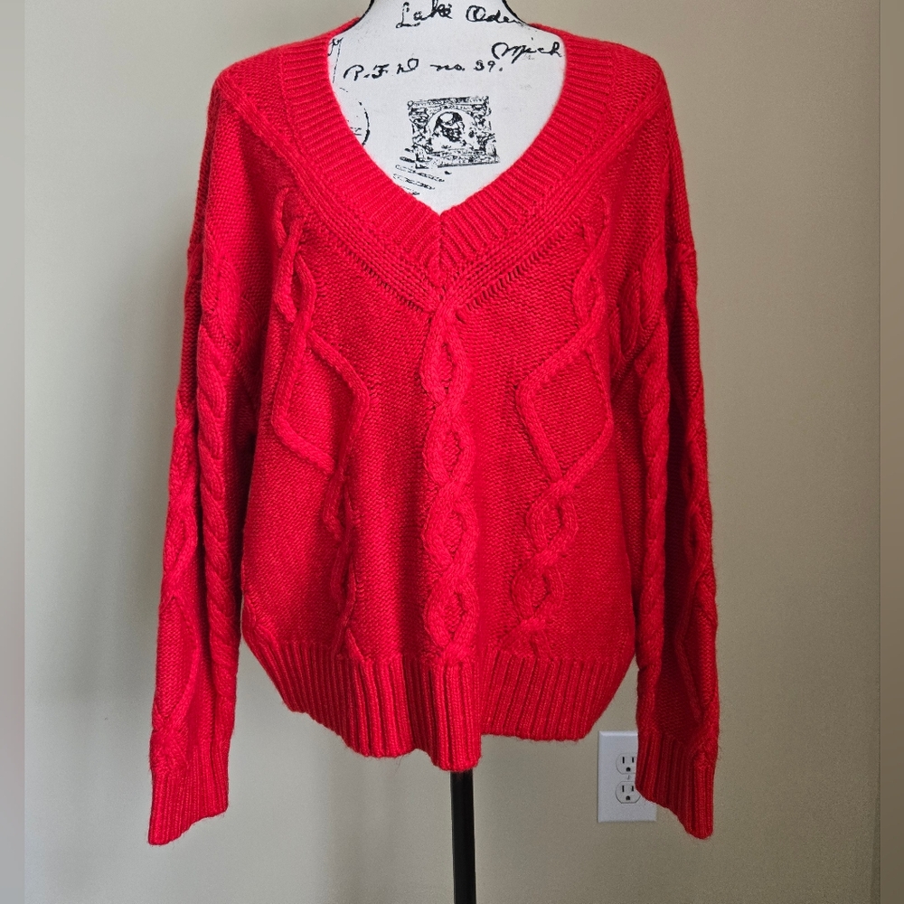 Ann Taylor Wool Blend Sweater Red Boxy Oversized V Neck Womens M